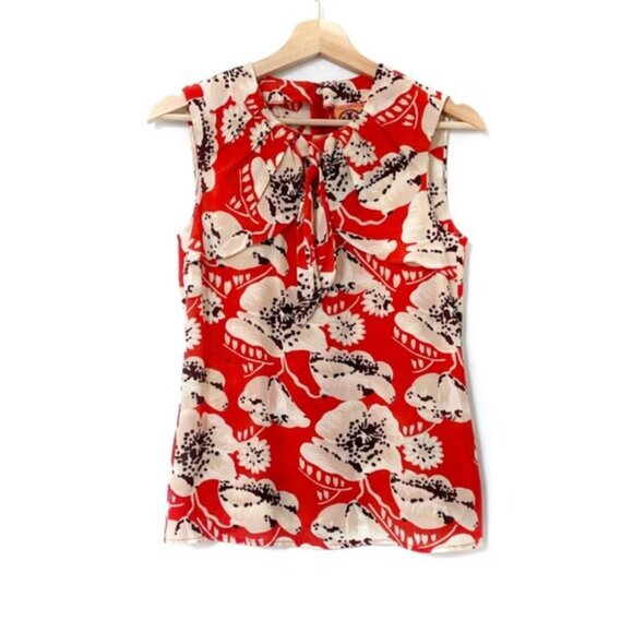 Tory Burch Silk Orange and Beige Floral Print Sleeveless Top with Necktie Size 2 - Picture 1 of 7